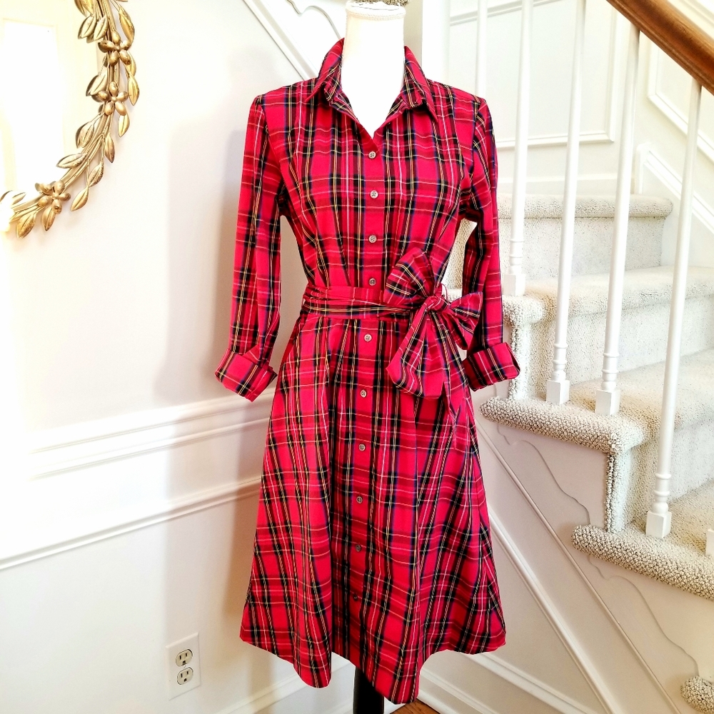 🆕️ J CREW Red Tartan Plaid Tie Waist Pin Up Dress - Picture 5 of 9